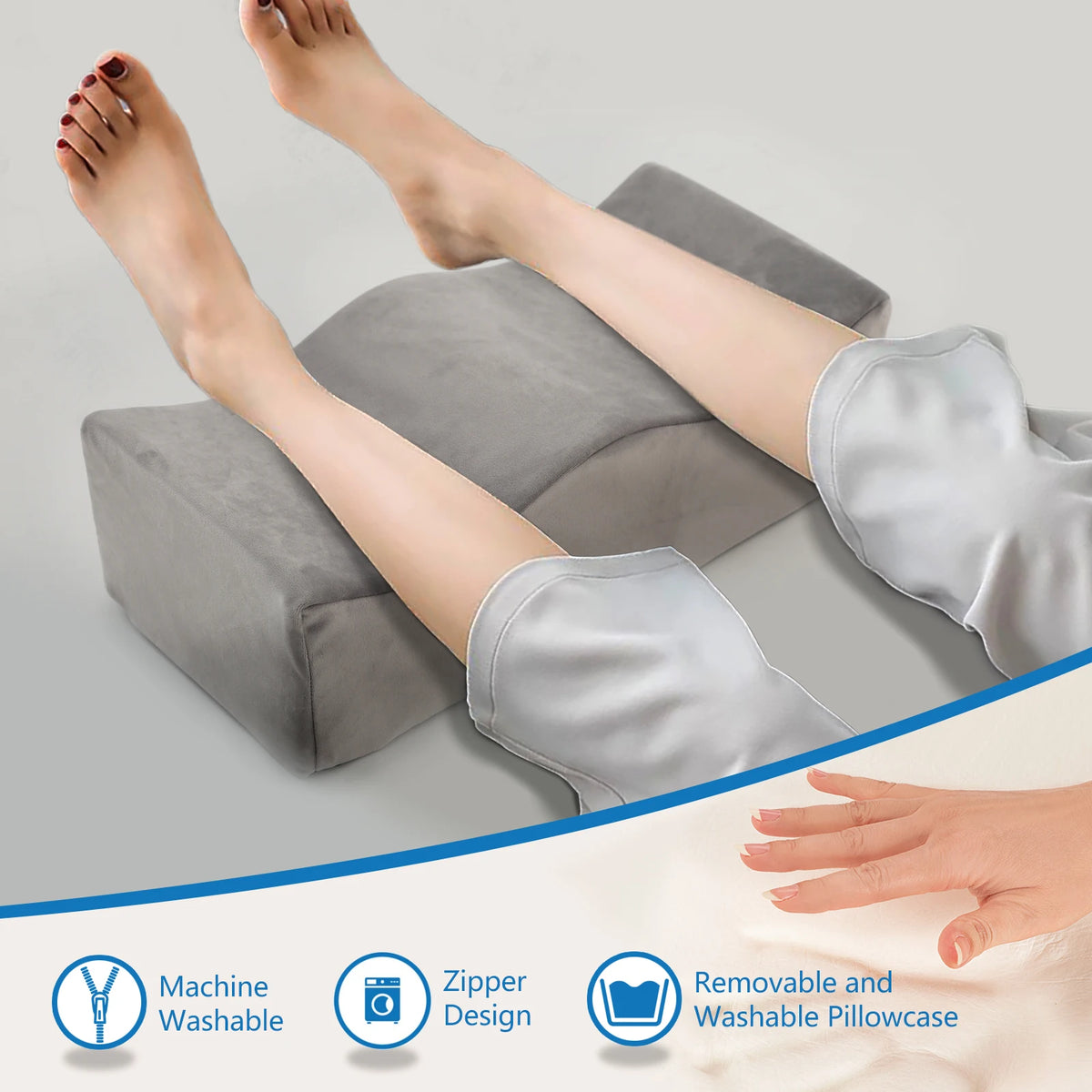 Jambes posées sur le coussin repose-jambes, housse zippée lavable en machine