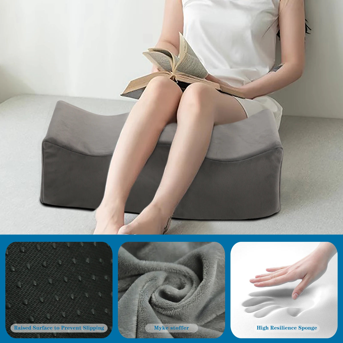 Coussin repose-jambes au sol et détails : dessous antidérapant, velours doux, mousse