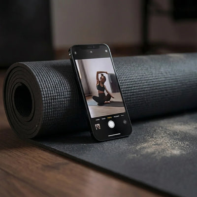 Smartphone affichant une vidéo d'étirements, posé contre un tapis de yoga roulé