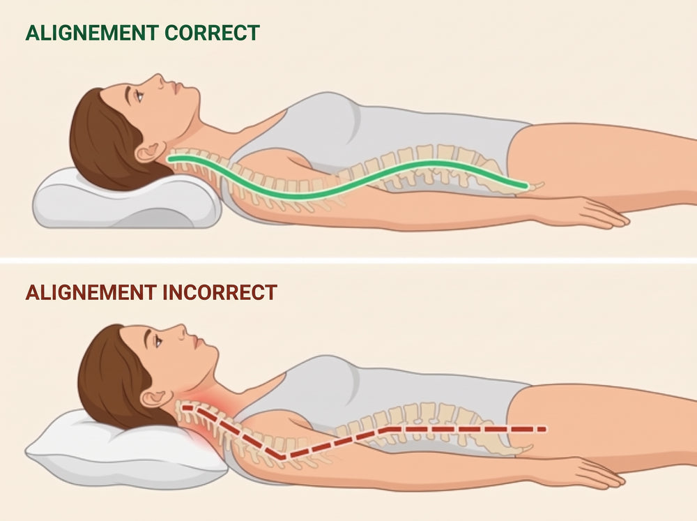 Alignement correct de la nuque sur l'oreiller Hypna, et alignement incorrect sur un oreiller classique