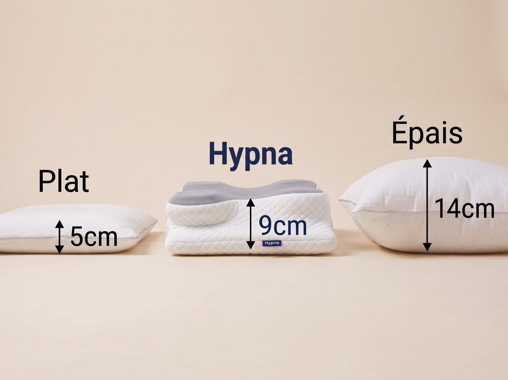 Hauteurs comparées : oreiller plat 5 cm, Hypna 9 cm, oreiller épais 14 cm