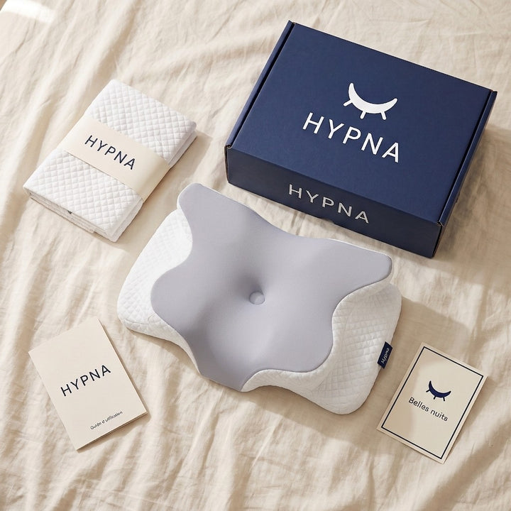 Coffret Hypna : oreiller cervical, housse de rechange, guide d'utilisation et carte « Belles nuits »