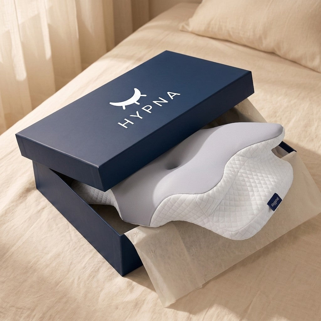 Oreiller Cervical Hypna sortant de sa boîte bleu nuit