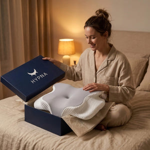 Femme ouvrant la boîte Hypna et découvrant son oreiller cervical, assise sur son lit