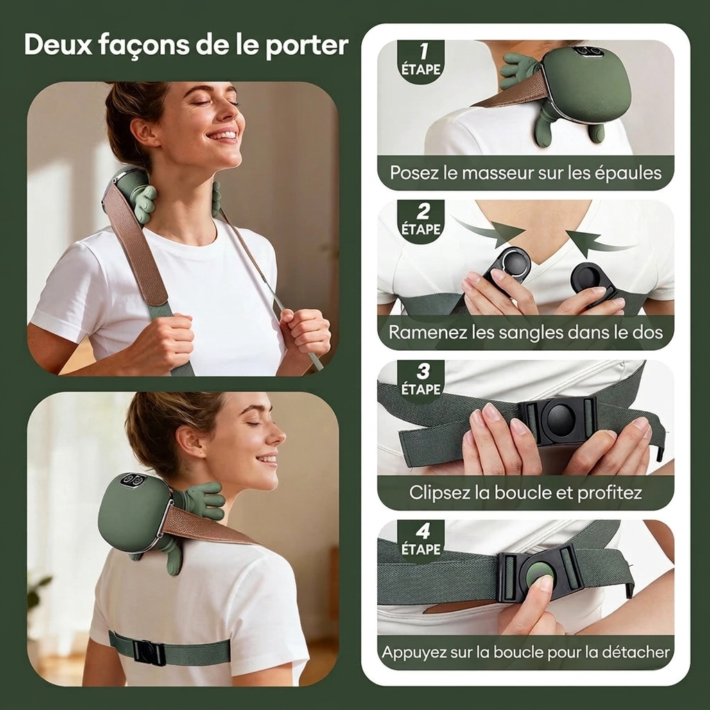Deux façons de porter le masseur et fixation de la boucle en 4 étapes