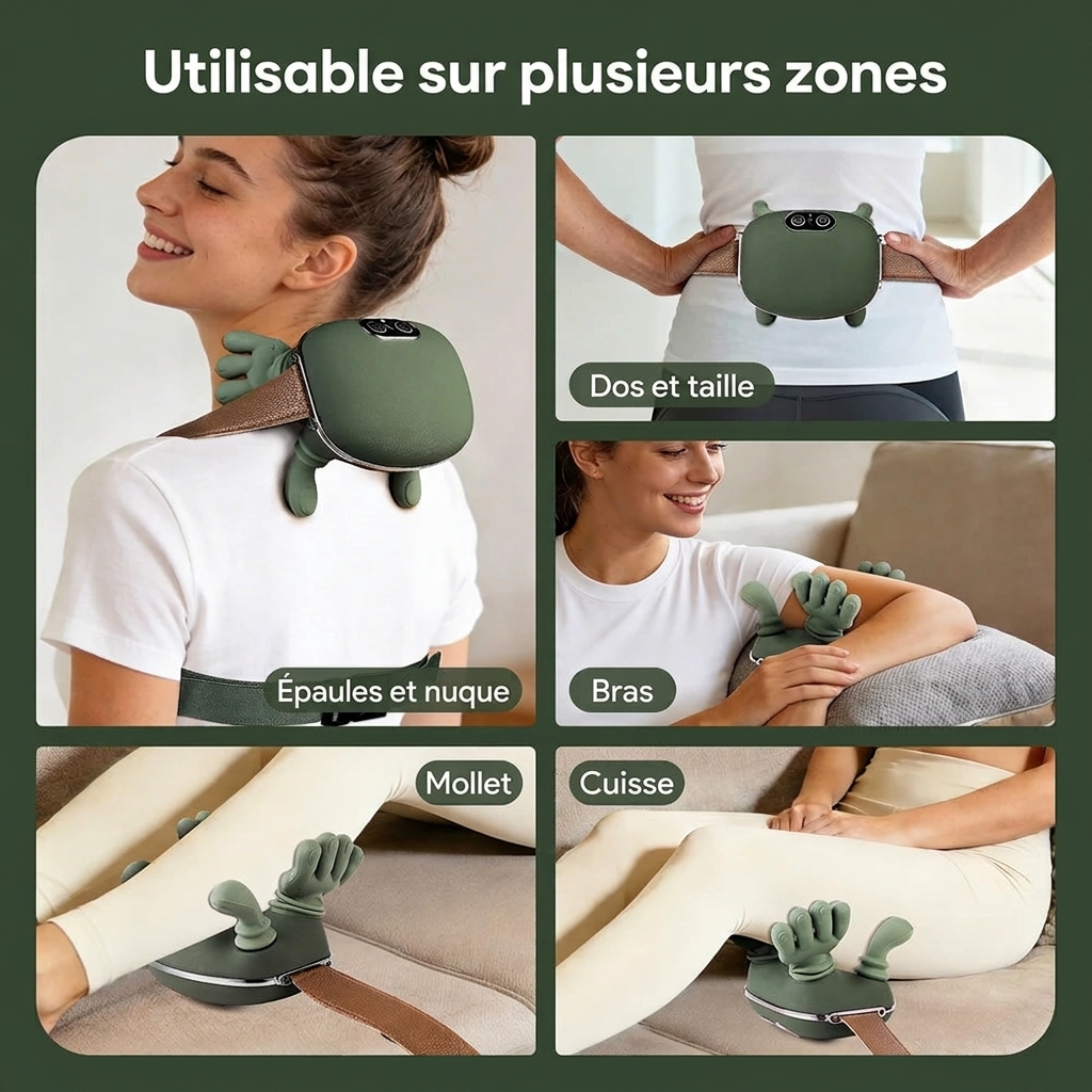 Masseur utilisable sur plusieurs zones : épaules et nuque, dos et taille, bras, mollet, cuisse