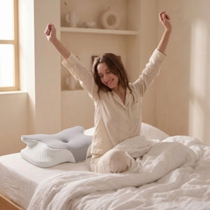 Femme qui s'étire au réveil dans son lit, à côté de l'oreiller cervical Hypna