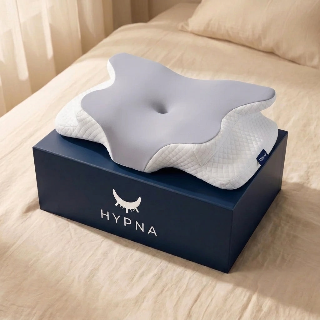 Oreiller cervical papillon Hypna posé sur sa boîte bleu nuit, sur un lit